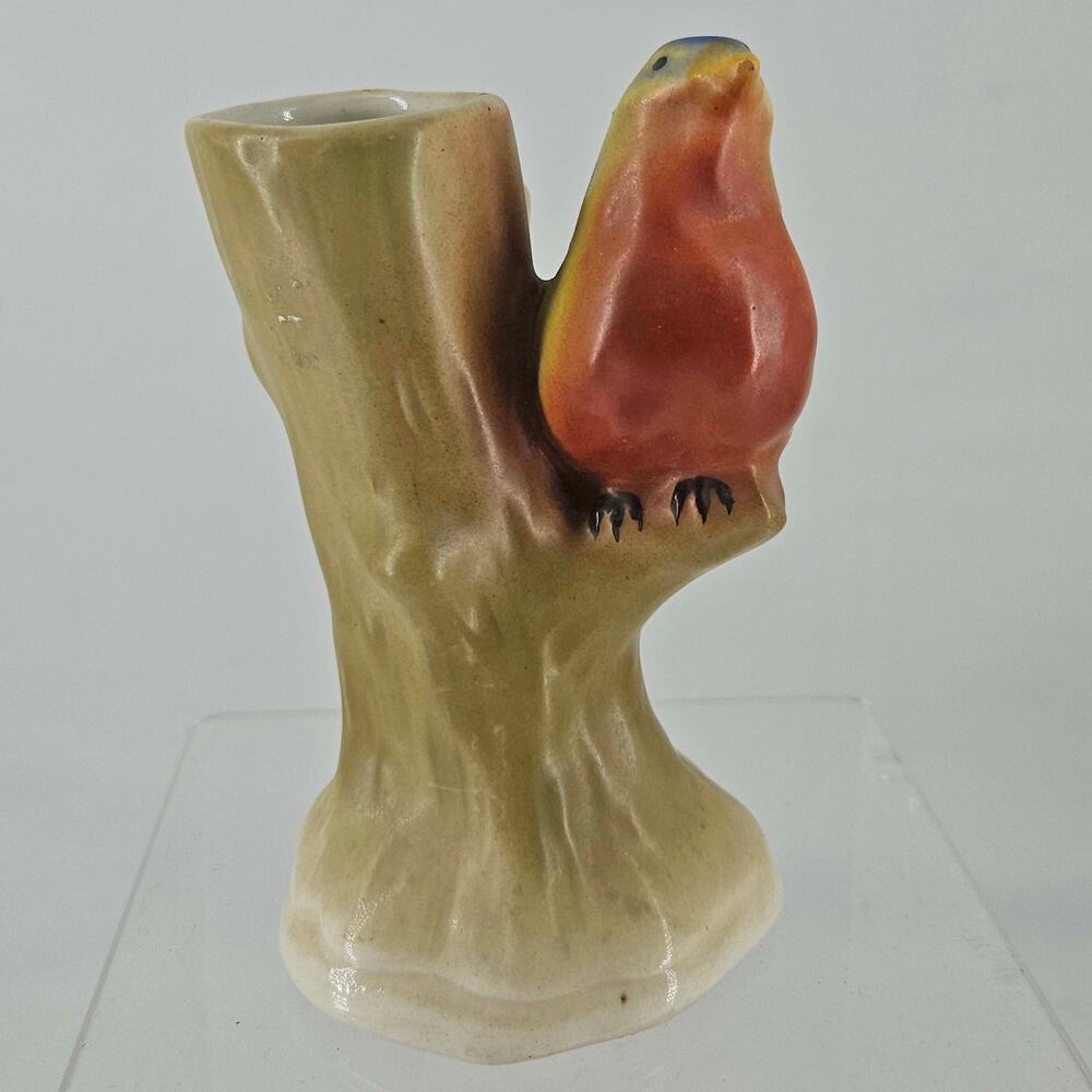 Vintage hand painted Czech Bird on tree branch Ceramic vase Czechoslovakia